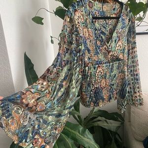 70s style cinch waste Bellsleeve blouse